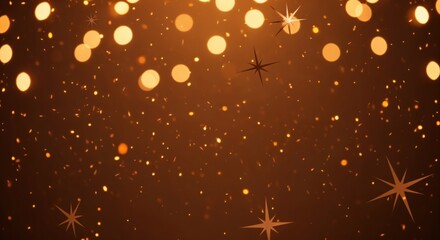 Warm golden bokeh lights and sparkling glitter with decorative stars creating a festive and elegant abstract background for celebrations.