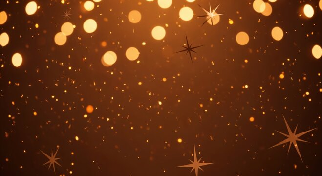 Warm golden bokeh lights and sparkling glitter with decorative stars creating a festive and elegant abstract background for celebrations.