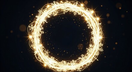 Golden glowing circular frame with sparkling snowflakes and intricate light trails on a dark background, creating a magical and festive winter holiday design element.