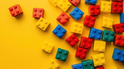 Scattered colorful toy bricks on a yellow background, top view arrangement