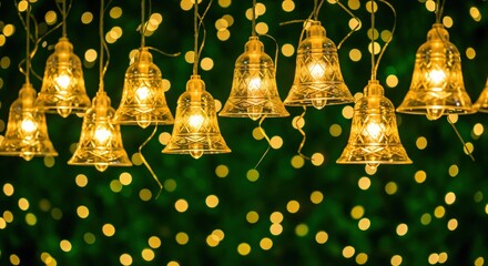 Warm glowing bell string lights creating a festive and magical atmosphere against a blurred green background with golden bokeh