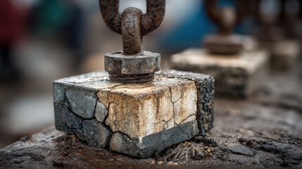 Rusty metal container corner casting showing bolt and chain