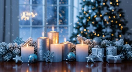 Cozy Christmas Eve scene with glowing candles, frosted branches, and elegant silver gifts against a snowy window and blurred tree lights.