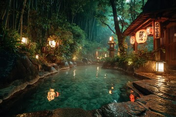 Serene Japanese Onsen Hot Spring Nestled in Bamboo Forest