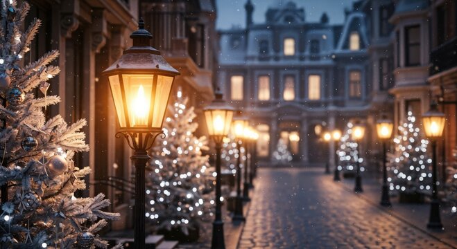 Magical Christmas Evening on a Snow-Covered Street Lined with Illuminated Trees and Vintage Streetlights