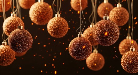 Elegant and Festive Sparkling Bronze Christmas Ornaments Hanging Against a Dark Background with Warm Glowing Particles for Holiday Celebrations