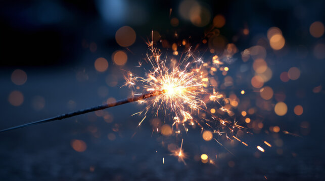 Bright sparkler ignites with fiery sparks against a dark blurred background - Powered by Adobe