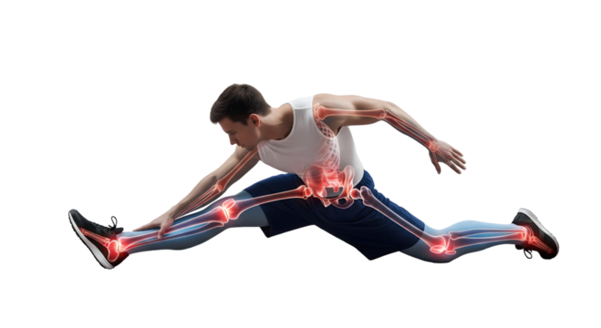 A runner stretching mid-air, highlighted bones and joints, isolated on transparent background