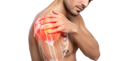 A person experiencing shoulder pain, with a detailed illustration of the affected area. The red highlights the source of discomfort, isolated on transparent background
