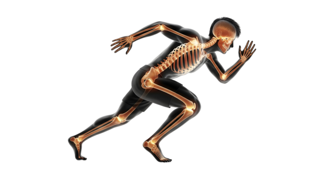 A human body with skeletal system and anatomy revealed, demonstrating the intricate internal structure during movement, isolated on transparent background