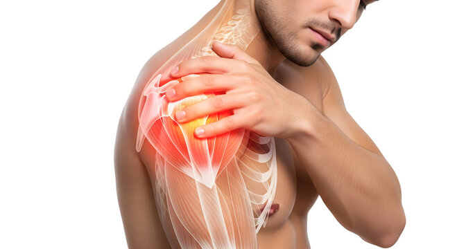 A person experiencing shoulder pain, with a detailed illustration of the affected area. The red highlights the source of discomfort, isolated on transparent background
