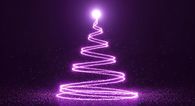 Abstract glowing purple spiral Christmas tree with sparkling particles on a dark background, festive holiday season concept