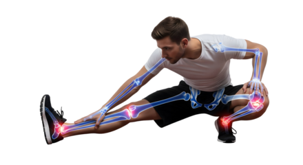A man stretching his leg while his skeleton glowing. This image is about sports and body exercise, isolated on transparent background