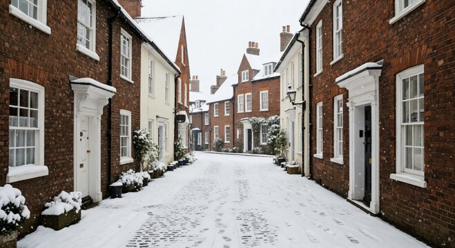 Charming residential street in a historic European town blanketed in fresh white snow, featuring traditional brick and white houses on a quiet winter day.