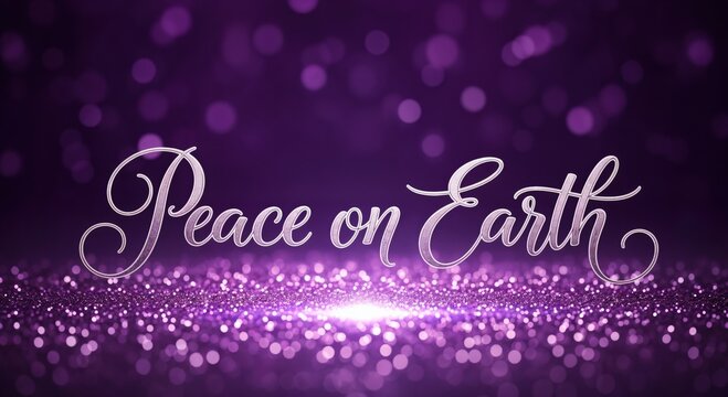 Peace on Earth elegant script text on sparkling purple glitter background with bokeh lights, festive holiday season message