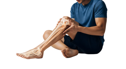 A person is examining the skeletal structure of his leg, likely due to a pain in his leg. He is sitting, and the skeletal structure is highlighted, isolated on transparent background