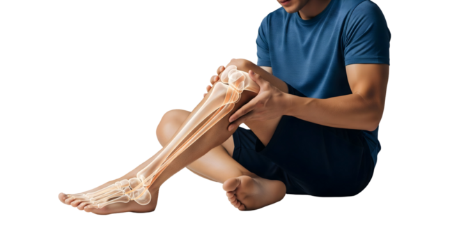 A person is examining the skeletal structure of his leg, likely due to a pain in his leg. He is sitting, and the skeletal structure is highlighted, isolated on transparent background