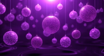 Sparkling purple glitter Christmas ornaments hanging in a festive dark background with glowing light, perfect for holiday celebrations and elegant decorations.