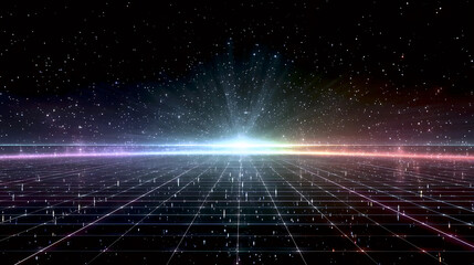 Futuristic digital horizon with glowing light beam and grid, Sci-fi virtual reality background with cosmic grid, Technology-inspired space grid with light burst