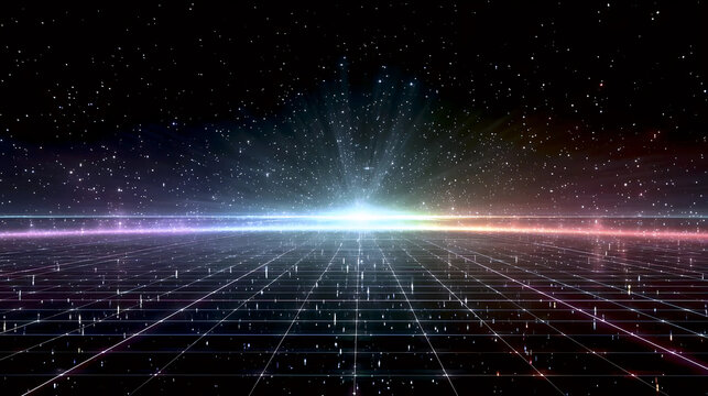Futuristic digital horizon with glowing light beam and grid, Sci-fi virtual reality background with cosmic grid, Technology-inspired space grid with light burst