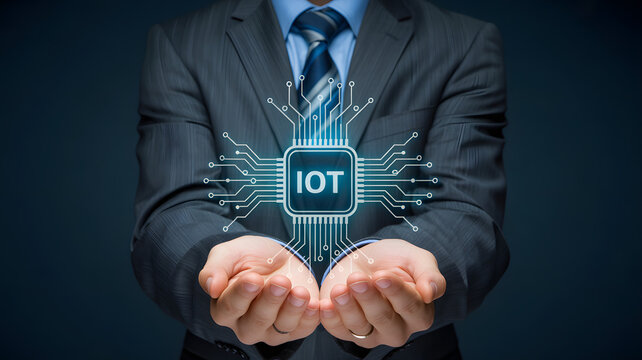 Professional businessman holding glowing IOT chip concept symbolizing connectivity and future technology innovation for smart businesses