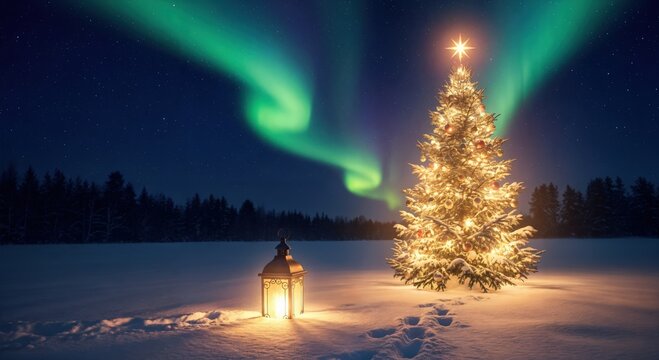Enchanting Christmas Tree Illuminated by Golden Lights and a Warm Lantern in a Serene Snowy Field Under Vibrant Northern Lights at Night