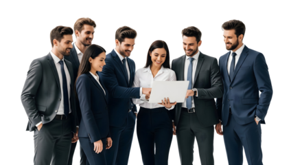 Business team collaborating on a laptop in an office setting. The group, dressed in suits, is focused and engaged, possibly discussing a project or presentation, isolated on transparent background