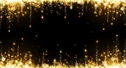 Elegant golden sparkling frame with shimmering snowflakes and glitter particles on a dark black background, perfect for festive holiday designs and celebrations.