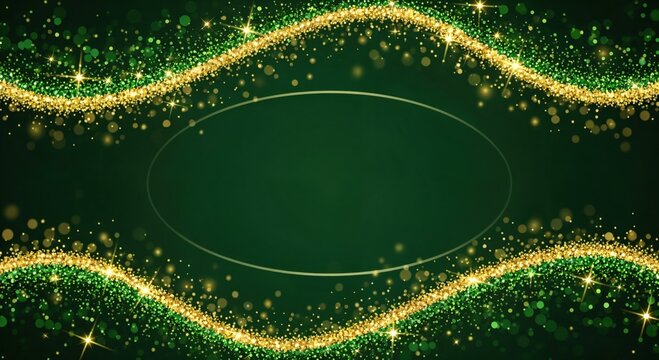 Luxurious Dark Green Background with Sparkling Golden and Emerald Glitter Waves and Elegant Oval Frame for Festive Designs