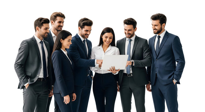 Business team collaborating on a laptop in an office setting. The group, dressed in suits, is focused and engaged, possibly discussing a project or presentation, isolated on transparent background