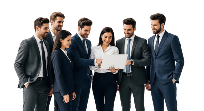 Business team collaborating on a laptop in an office setting. The group, dressed in suits, is focused and engaged, possibly discussing a project or presentation, isolated on transparent background - Powered by Adobe
