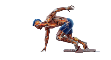 Muscular athlete at the starting block, ready to sprint, isolated on transparent background