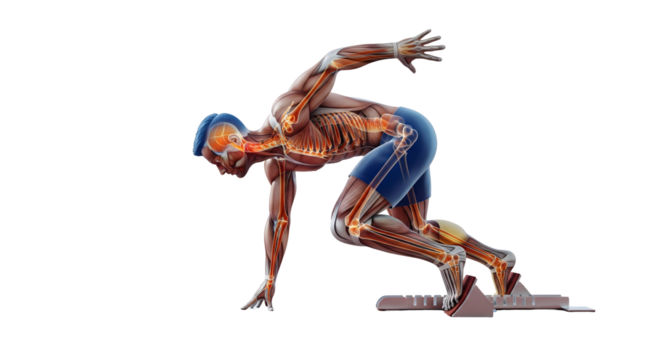 Muscular athlete at the starting block, ready to sprint, isolated on transparent background