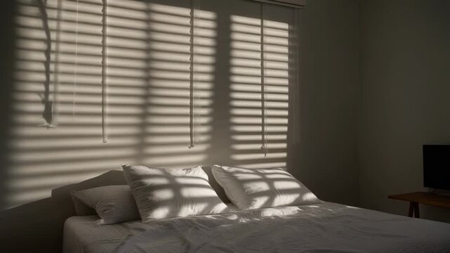 Luz solar matutina filtr&aacute;ndose a trav&eacute;s de persianas horizontales, proyectando sombras rayadas sobre una cama blanca en un dormitorio tranquilo.