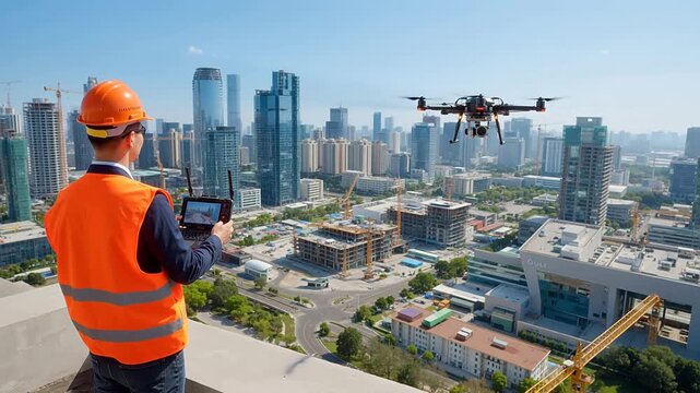 Man operating drone over city construction site