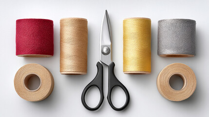 Creative flat lay of wrapping tools featuring scissors and colorful string for gift preparation