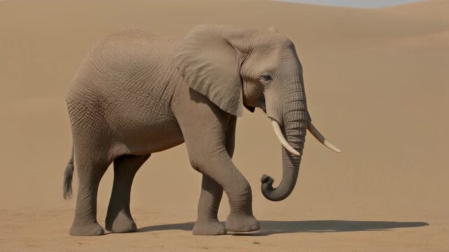 Elefante africano solitario caminando por las dunas de arena del desierto, mostrando su majestuosidad y adaptaci&oacute;n al entorno &aacute;rido.