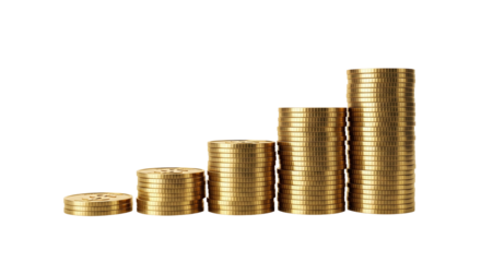 A staircase of gold coins ascending upwards representing wealth and financial growth, isolated on transparent background