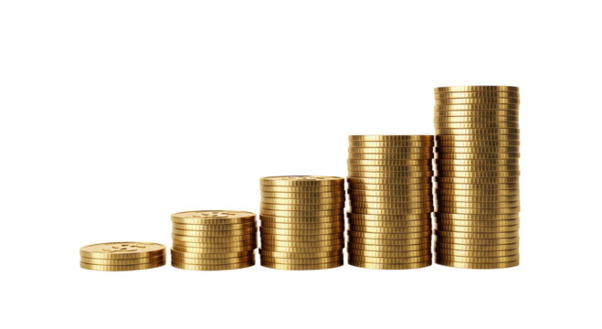 A staircase of gold coins ascending upwards representing wealth and financial growth, isolated on transparent background