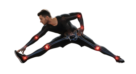 An athlete performing a stretching exercise to improve flexibility and prevent injury. The image highlights key joint areas, isolated on transparent background