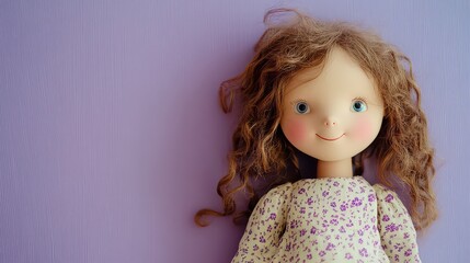 Charming handmade doll with curly hair against a textured purple background