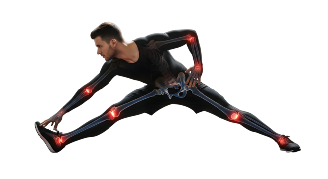 An athlete performing a stretching exercise to improve flexibility and prevent injury. The image highlights key joint areas, isolated on transparent background