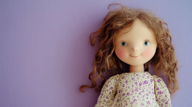 Charming handmade doll with curly hair against a textured purple background