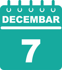 Decembar 7 Calendar Icon Design. Teal and White Vector illustrations. Appointment reminder, holiday, and scheduling graphic element, event planning, and festive
