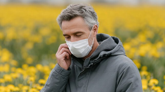 World allergy awareness day: man in mask amidst yellow flowers