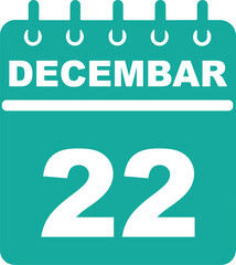 Decembar 22 Calendar Icon Design. Teal and White Vector illustrations. Appointment reminder, holiday, and scheduling graphic element, event planning, and festive