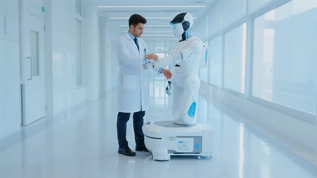 Doctor and robot interacting in corridor