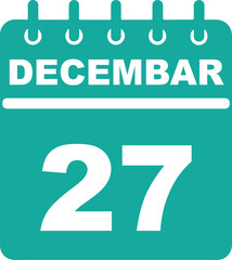 Decembar 27 Calendar Icon Design. Teal and White Vector illustrations. Appointment reminder, holiday, and scheduling graphic element, event planning, and festive