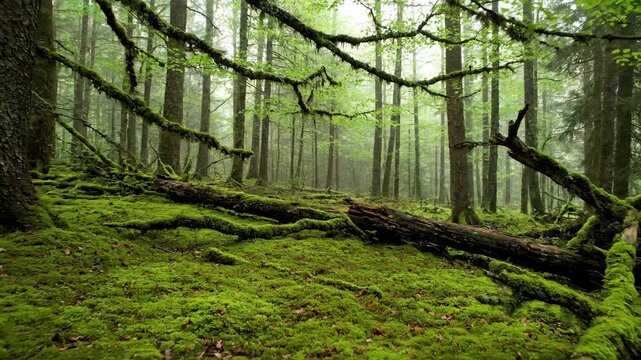 Dense forest with lush green foliage and moss covered trees