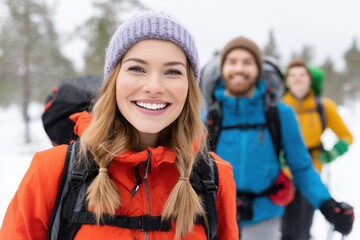 Three happy hikers trek through a snowy forest, with a radiant woman taking the lead. They embody the spirit of adventure.